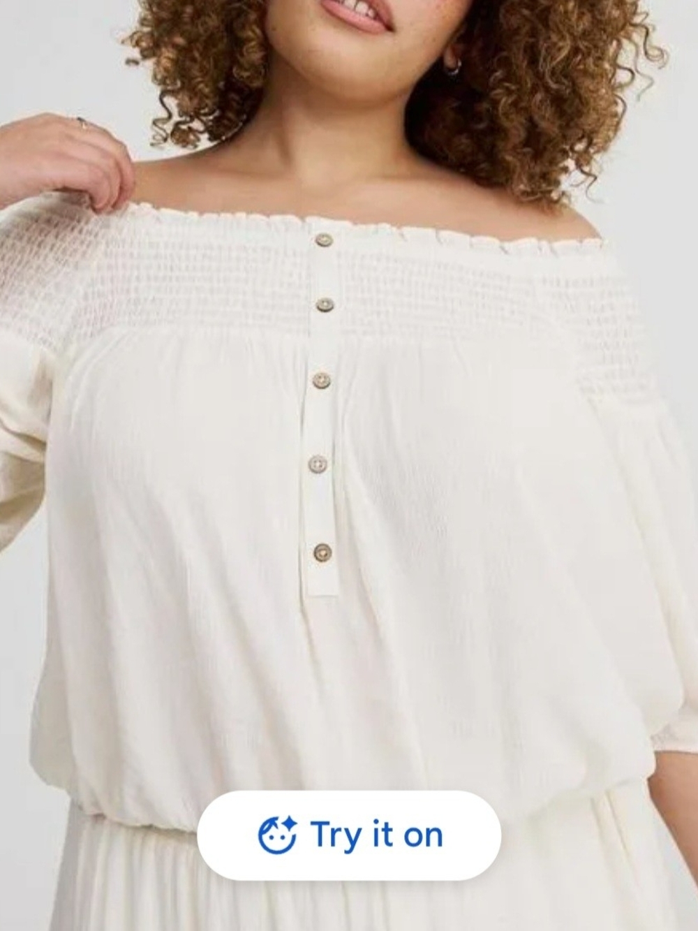 torrid Off-Shoulder Cream Button-Front Smocked Top